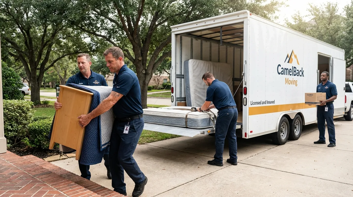 Crew loading residential truck for cross-state move from Universal City, TX
