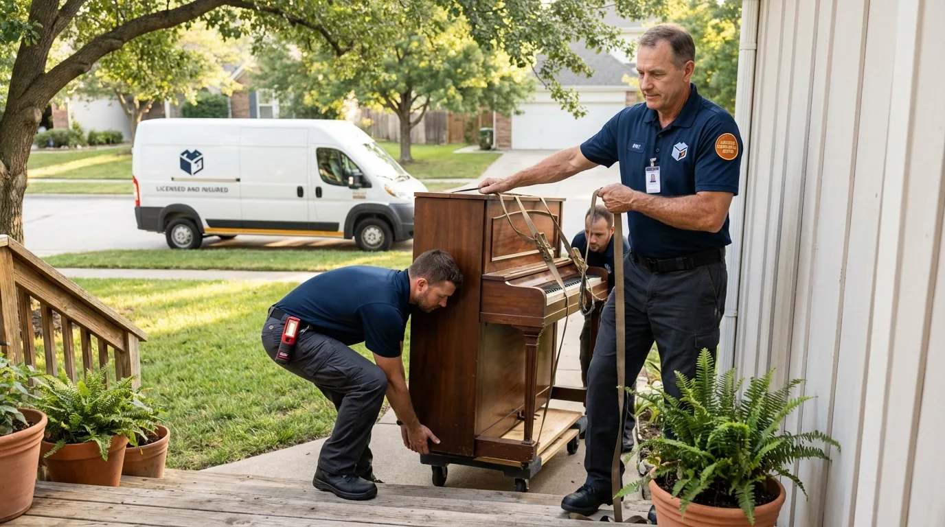 Licensed piano movers securing grand piano in Universal City, TX