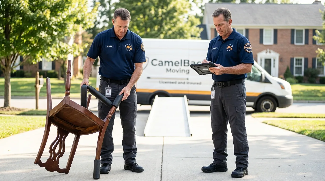 Movers inspecting furniture for damage prevention before loading in Universal City, TX